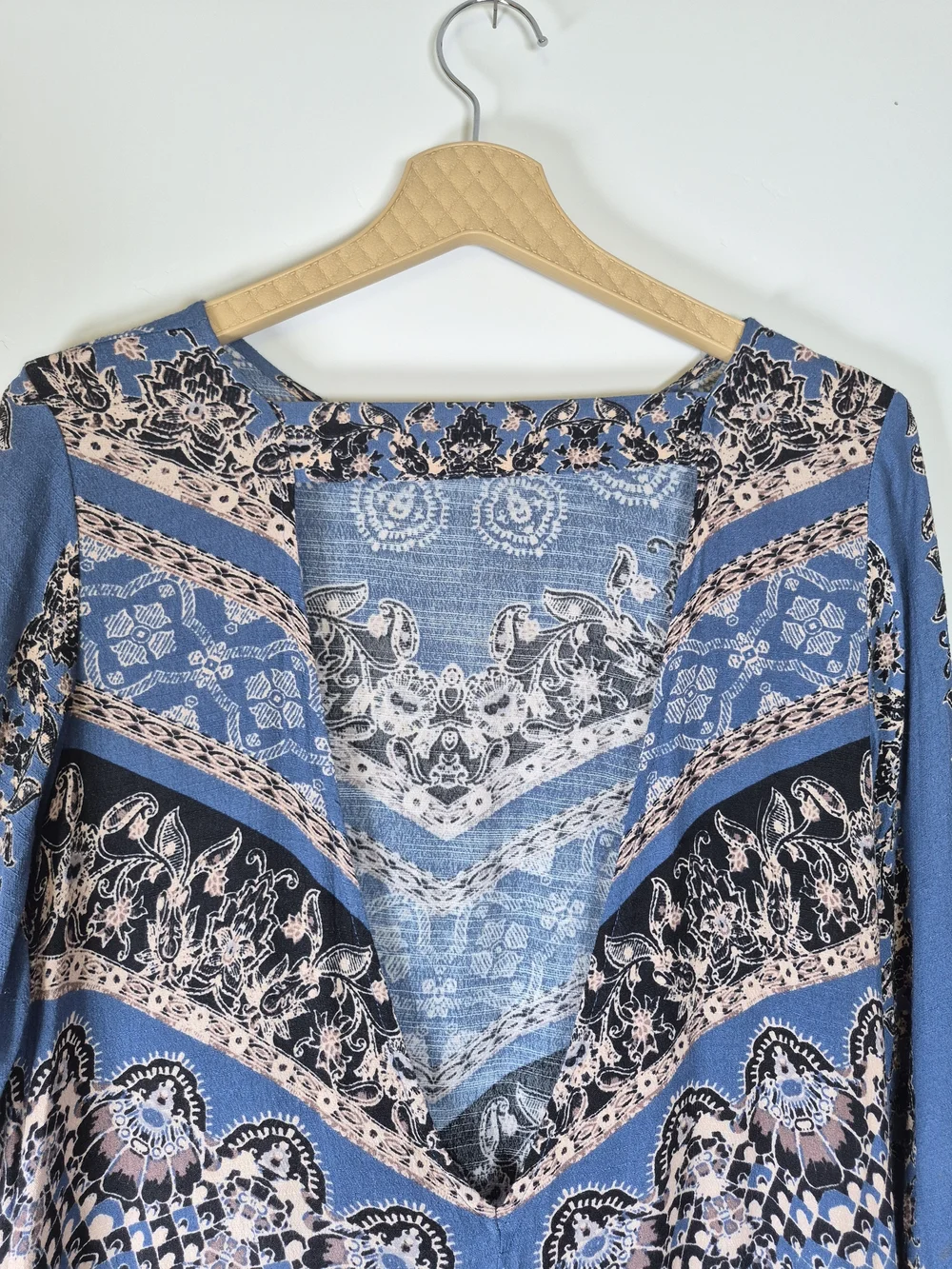 Free People Blue Printed Long Sleeve Backless Fit & Flare Dress S